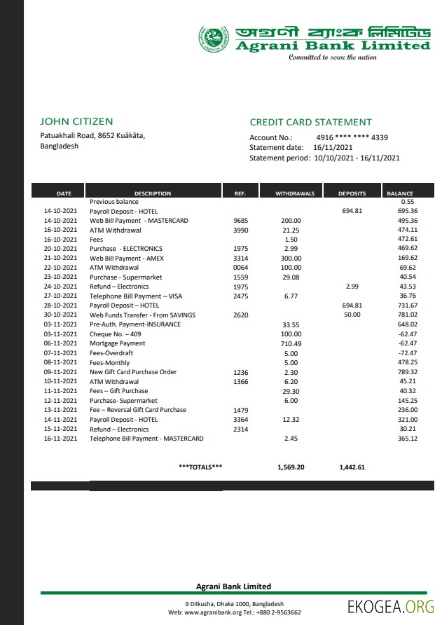 Relevé de la Banque Agrani du Bangladesh